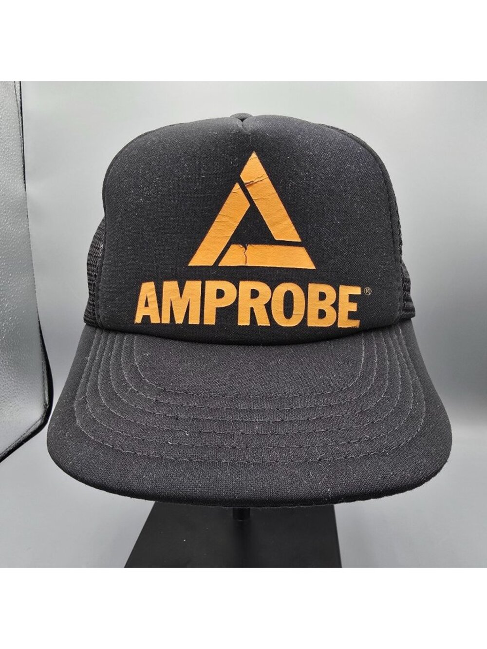 Vintage 1980s Amprobe Logo Mesh Snapback Black Designer Award Trucker Hat
